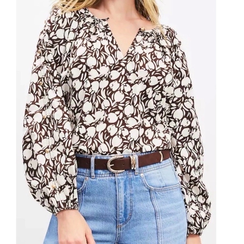Loft Brown White Floral Linen Blend Balloon Sleeve Peasant Blouse Top Medium